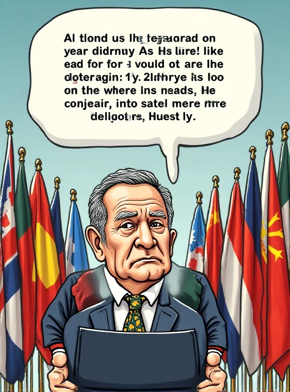 A cartoon depicting a diplomat with a speech bubble containing a critical remark about a historical event, set against a backdrop of international flags.