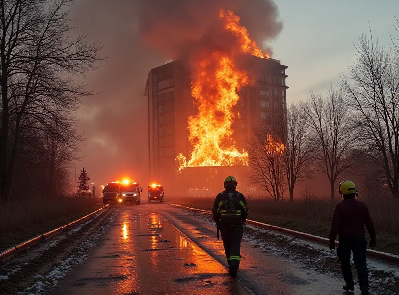 A photo showing firefighters battling a blaze at a hotel in Kryvyi Rih, Ukraine, following a Russian missile strike, with smoke billowing into the sky and emergency vehicles on the scene.