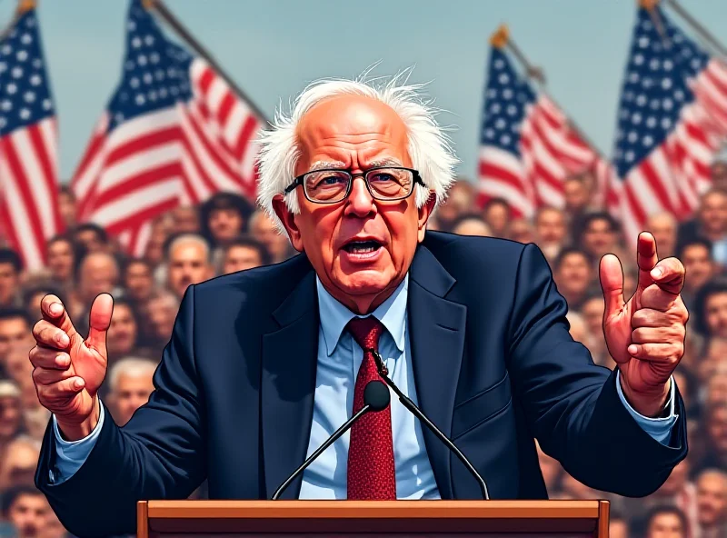 Illustration of Bernie Sanders speaking passionately at a rally, with American flags waving in the background.