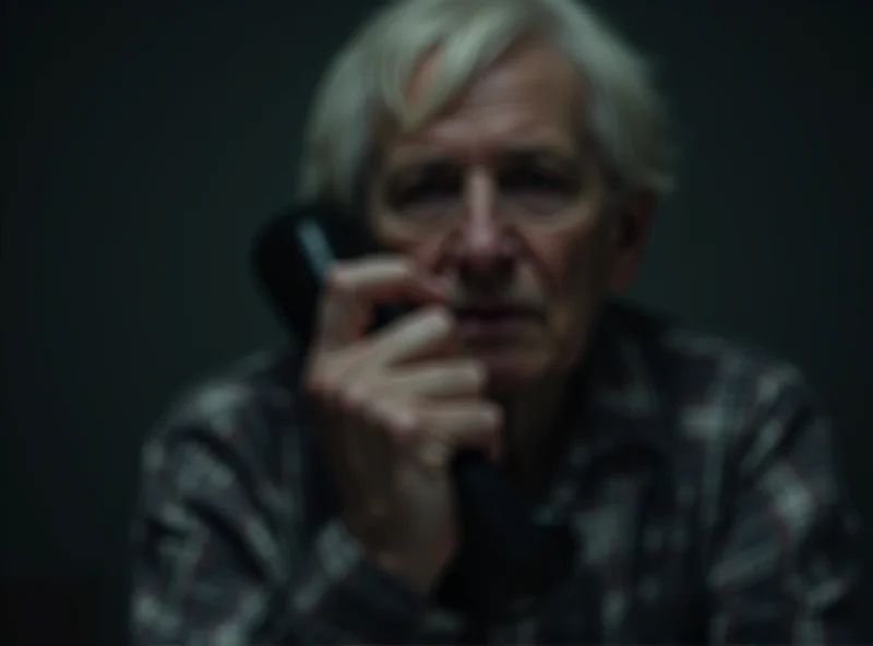 A close-up image of a landline telephone receiver with a concerned elderly person blurred in the background. The scene is dimly lit, conveying a sense of vulnerability and deception.