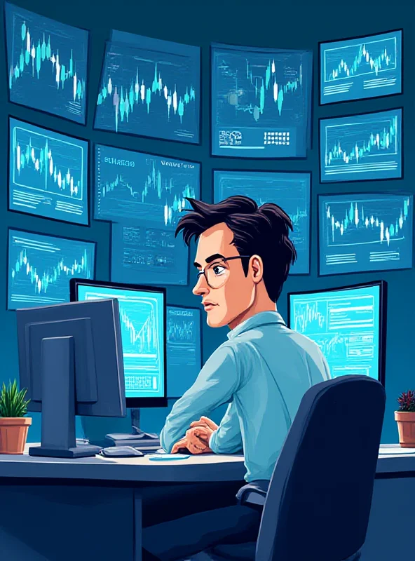 A stylized illustration of a financial analyst looking at multiple computer screens displaying stock charts and data.