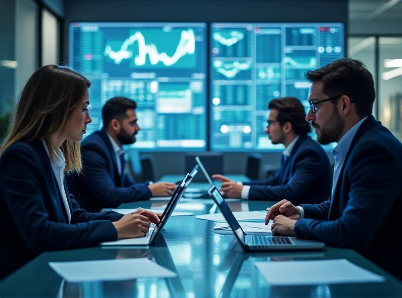 A group of analysts discussing financial data around a conference table.