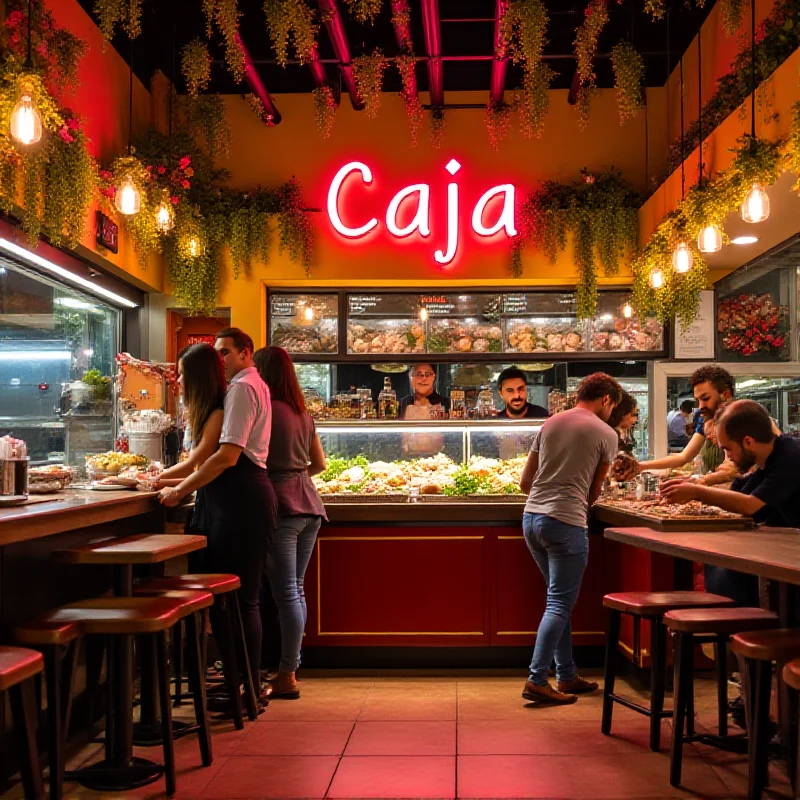 A vibrant and busy Cava restaurant interior, showing customers ordering and employees preparing food.