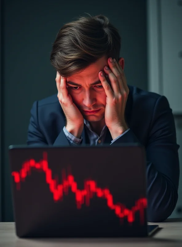 A worried investor looking at a downward trending stock chart on a laptop screen.