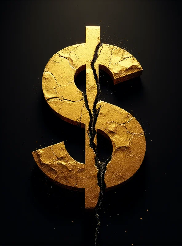 A stylized image of a dollar sign cracking and crumbling, symbolizing the declining value of the currency due to tariff impacts.