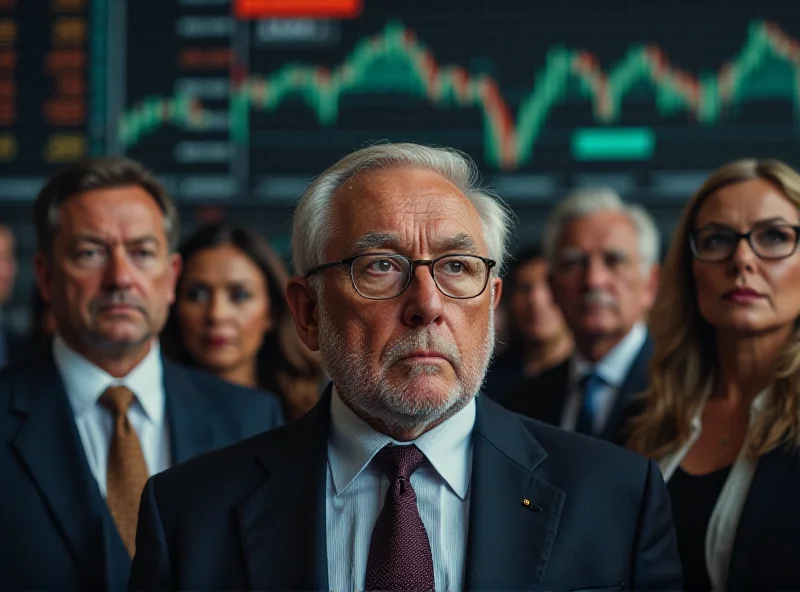 Image of a diverse group of investors looking at a stock market ticker with concerned expressions, representing the uncertainty in the current market conditions.