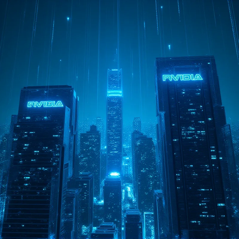 A futuristic cityscape with Nvidia and Broadcom logos prominently displayed on skyscrapers, symbolizing their dominance in the AI industry.