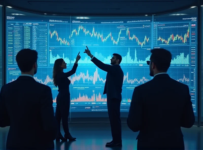 A diverse group of people analyzing stock charts and data on a large screen.