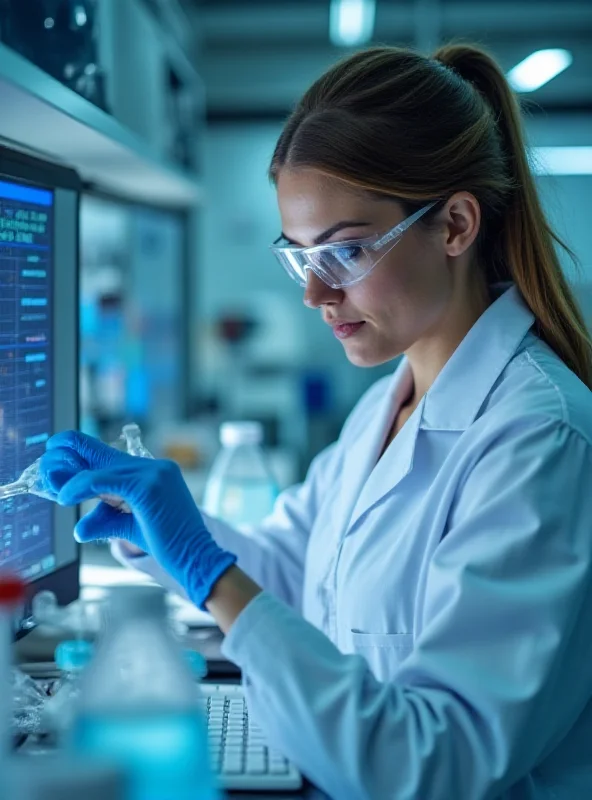 A scientist in a lab coat analyzing data on a computer screen, with test tubes and lab equipment in the background.