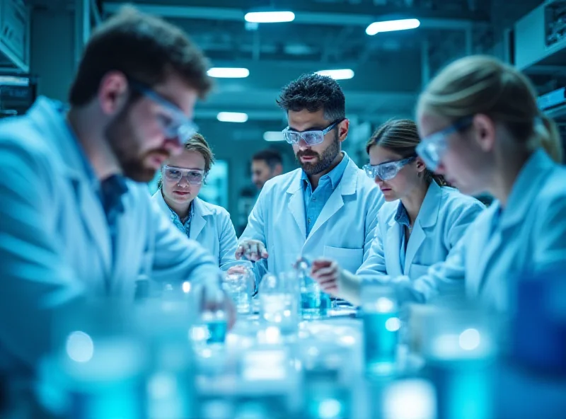 A modern laboratory with scientists working, representing Myriad Genetics