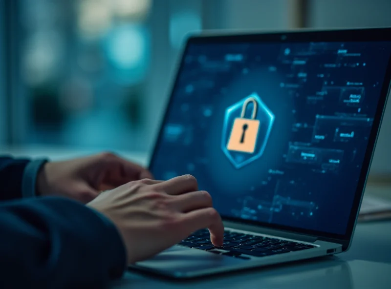 A person using a laptop with a security lock icon on the screen, representing Okta's cybersecurity services