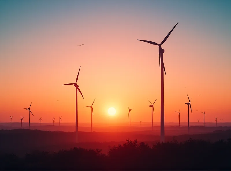 Computer generated image of a wind farm at sunset with a faint overlay of financial charts.