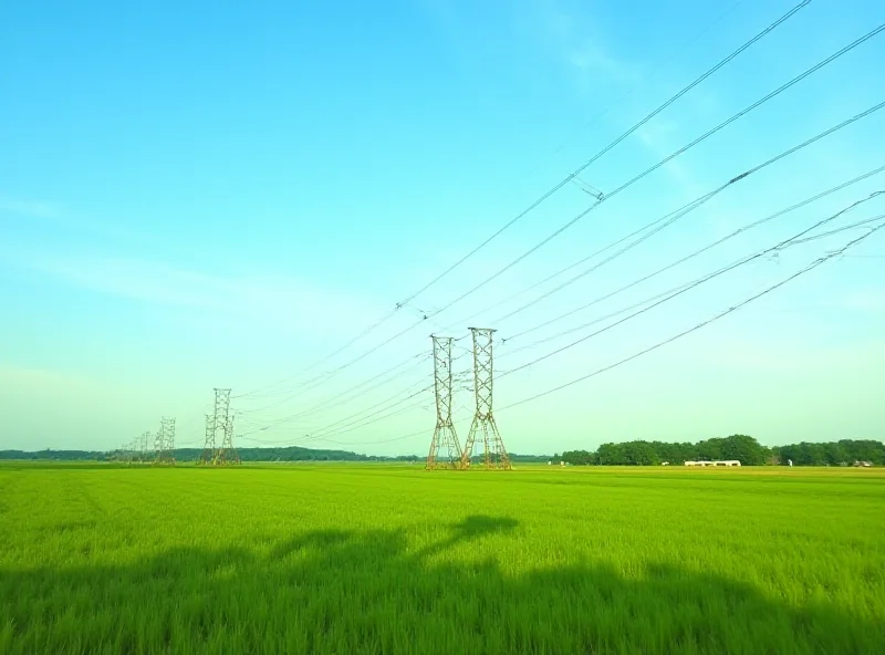 Power lines and pylons against a clear blue sky. The Portland General Electric logo is subtly overlaid on the image.