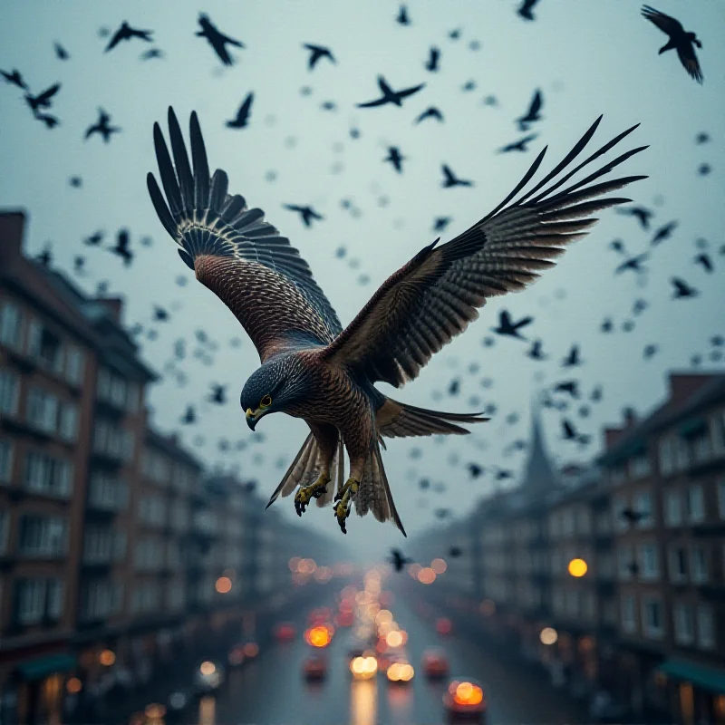 A falcon diving through a murmuration of starlings over an urban area