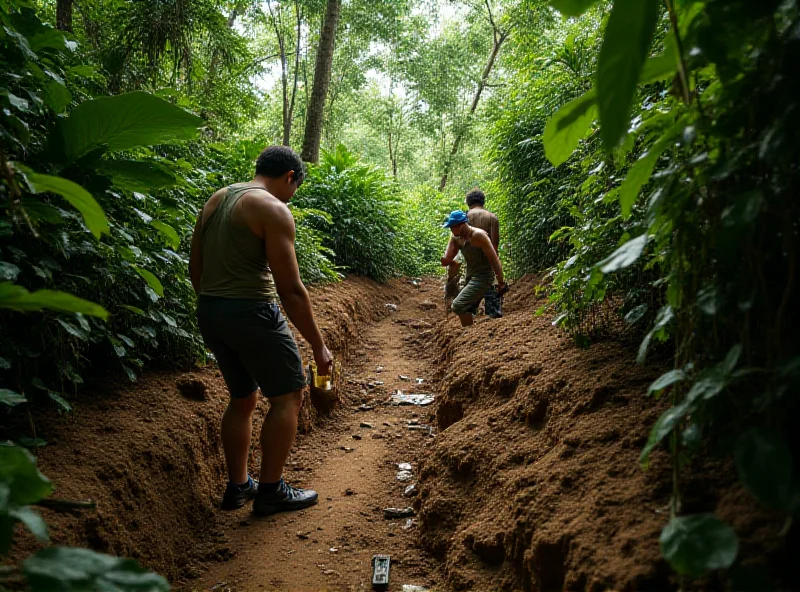 Archaeological dig site in a dense tropical jungle