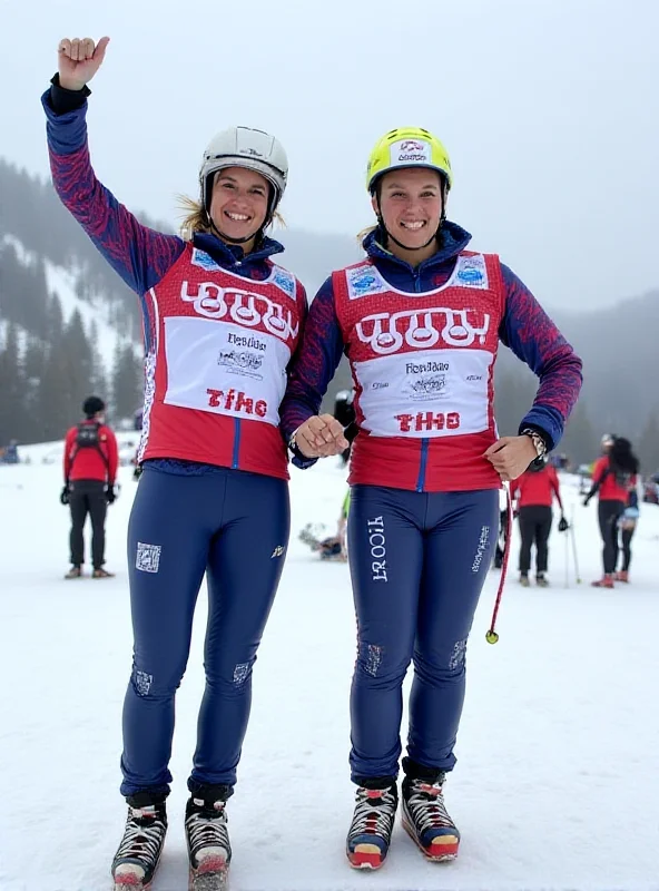 Ana Alonso and Oriol Cardona celebrating their silver medal win in the skimo mixed relay event.