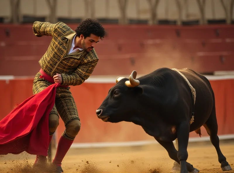 Andrés Roca Rey facing a bull in a bullring, showcasing bravery and skill.