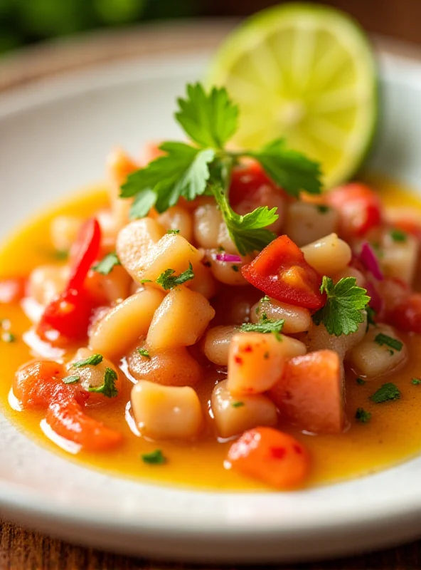 A beautifully plated dish of ceviche, showcasing fresh ingredients and vibrant colors.