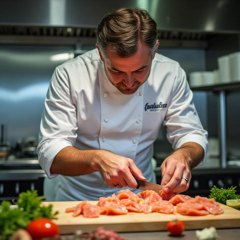 Max Strohe in his kitchen, preparing ceviche with fresh ingredients.