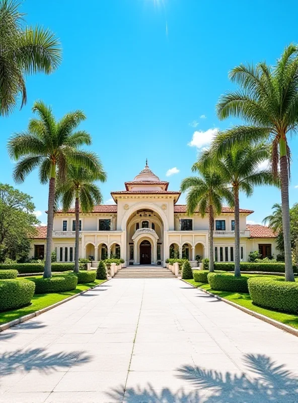 Mar-a-Lago estate in Palm Beach, Florida, with palm trees and blue sky.