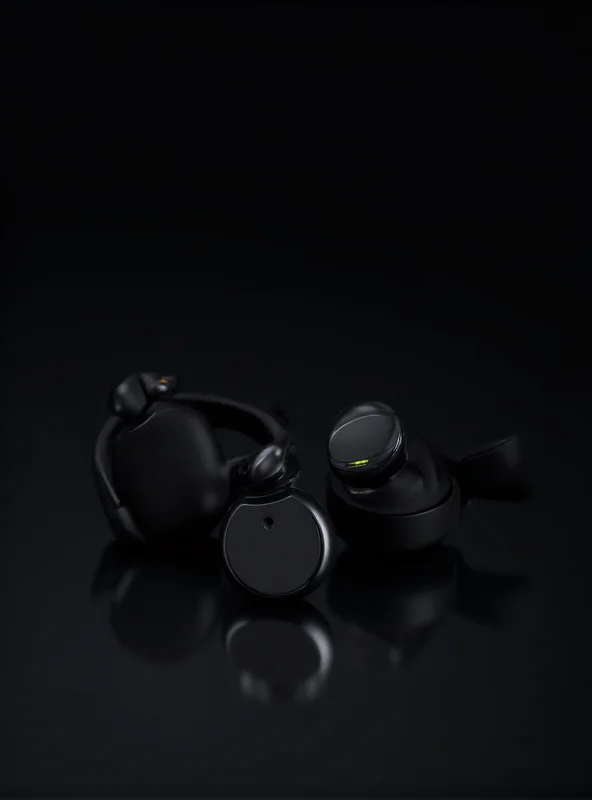 Close-up of the Xiaomi Buds 5 Pro and Watch S4 on a reflective surface