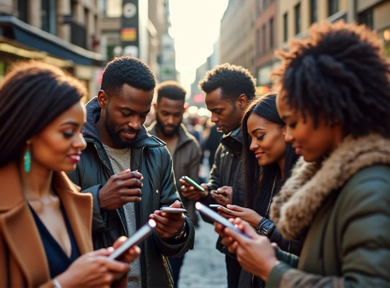 A diverse group of people using various Android devices in a modern, urban setting