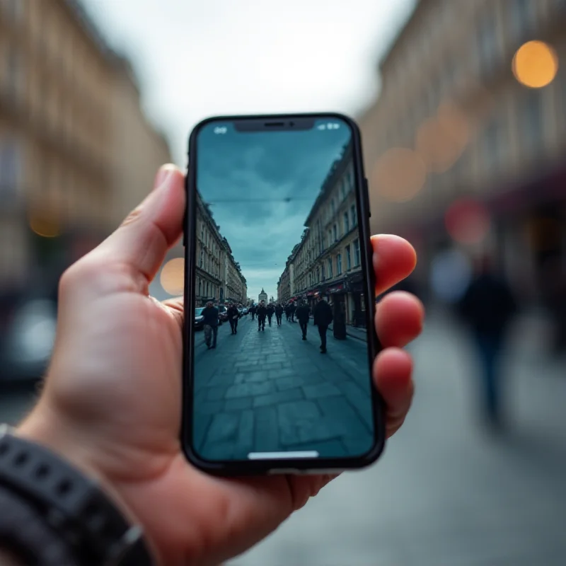 A hand holding an iPhone 16e, showcasing its design and features, set against a blurred background of a city street.