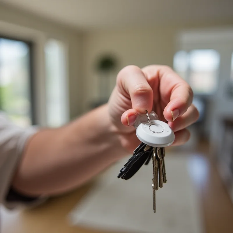 A person attaching a Boat Tag tracker to a set of keys.