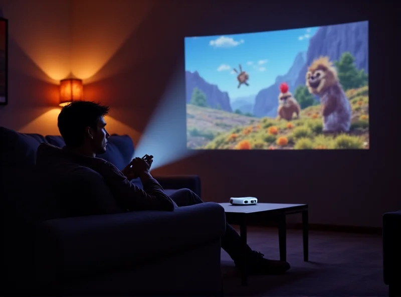 A person sitting on a couch using a small, portable projector to watch a movie on the wall.