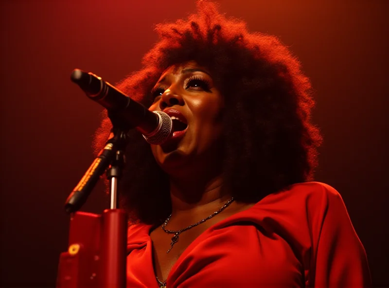 Angie Stone performing on stage, bathed in warm, soulful light.