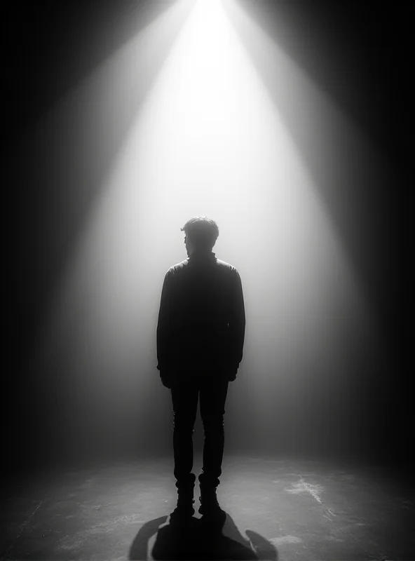 A somber, black and white photo of a musician silhouetted against a brightly lit stage, conveying feelings of isolation and anxiety.