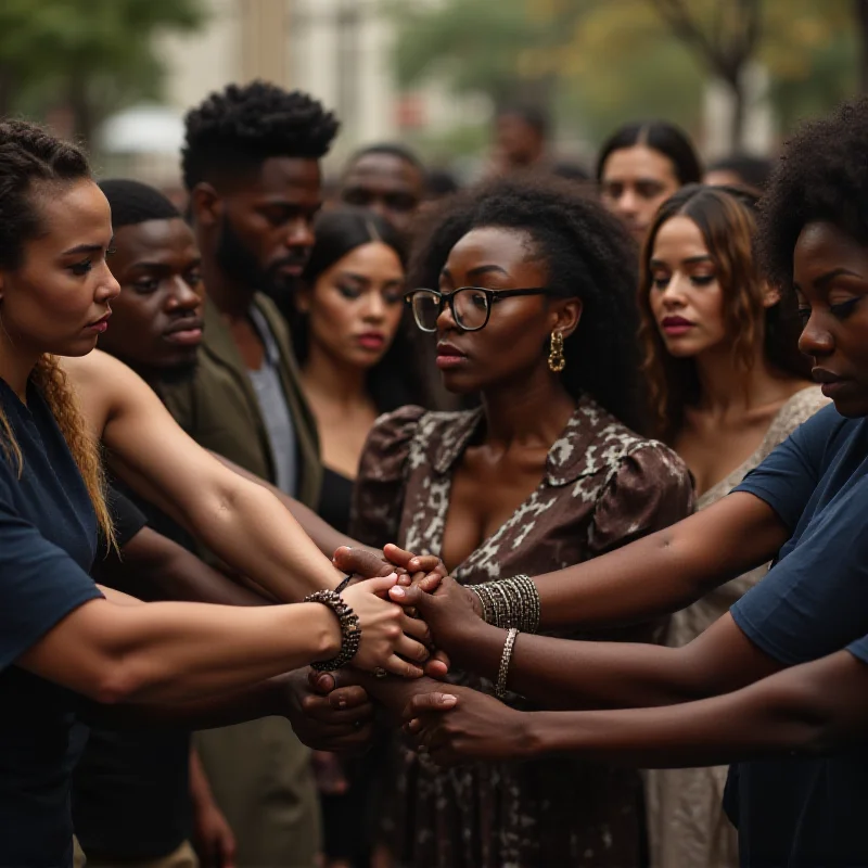 A diverse group of musicians standing together, arms linked, looking supportive and determined. The background is blurred, suggesting a sense of unity and shared purpose.