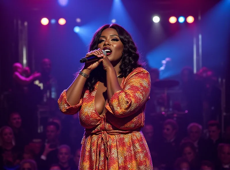 Angie Stone performing on stage with a microphone in hand. She is wearing a colorful dress and has a vibrant energy.