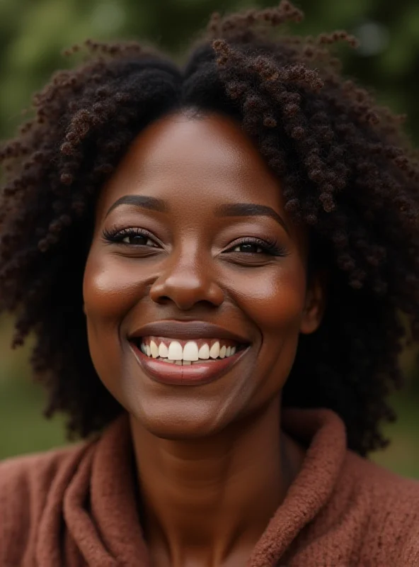 A close-up portrait of Angie Stone smiling warmly at the camera. She has a soulful expression and a genuine smile.