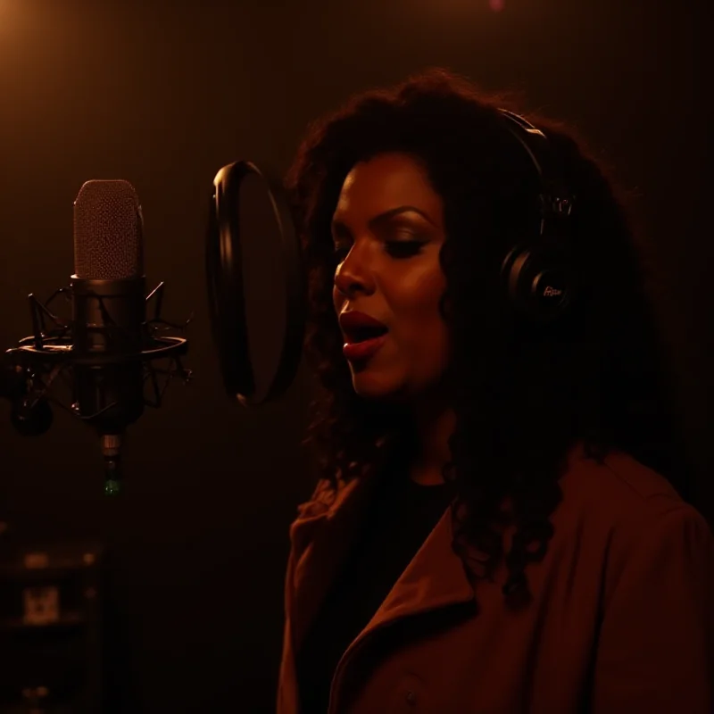 Angie Stone in a recording studio, wearing headphones and singing into a microphone. She is surrounded by music equipment and appears to be deeply immersed in her performance.