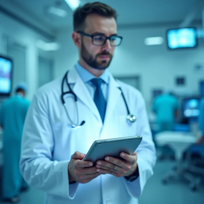 A doctor using a tablet computer to access patient information in a modern hospital setting