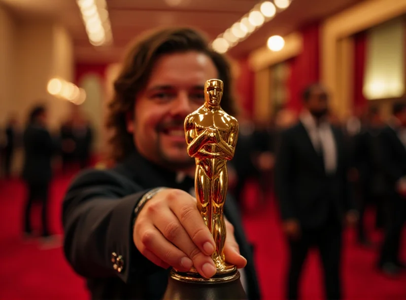 Mikey Madison holding an Oscar statuette, smiling brightly, on the red carpet at the 2025 Oscars. Sean Baker stands beside her, also smiling and holding his own Oscar.