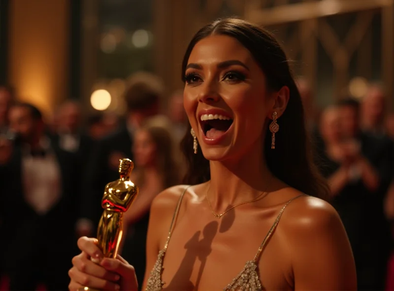 Mikey Madison holding her Best Actress Oscar, looking surprised and happy.