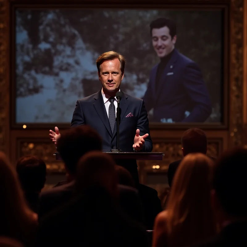 A wide shot of the Oscars stage with Conan O'Brien delivering his monologue, a large screen behind him displaying a humorous image.