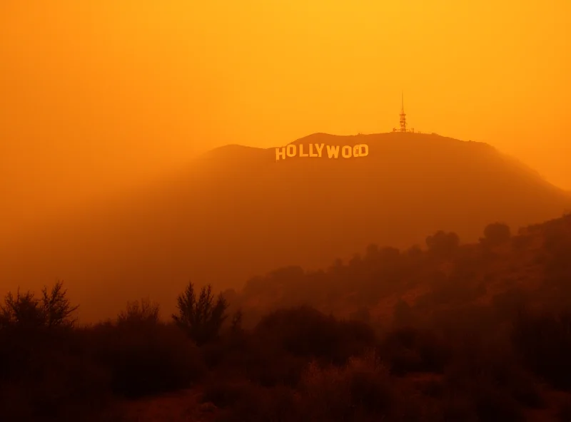 Hollywood sign with wildfire smoke in the background