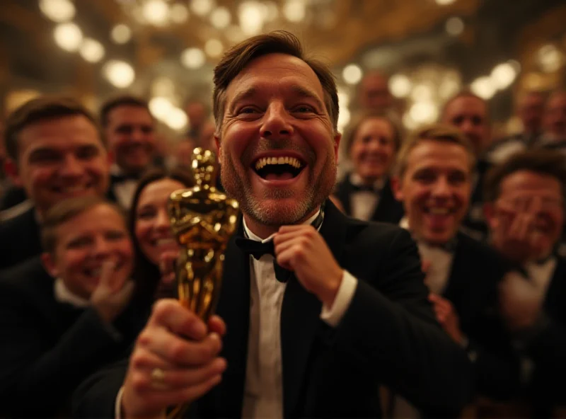 Sean Baker holding an Oscar statuette with the cast and crew of Anora, all smiling and celebrating.