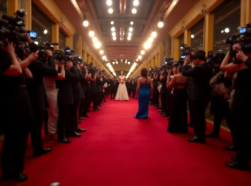 A wide shot of the red carpet at the Oscars, showing celebrities arriving and posing for photographs. The atmosphere is glamorous and exciting, with bright lights and numerous photographers.