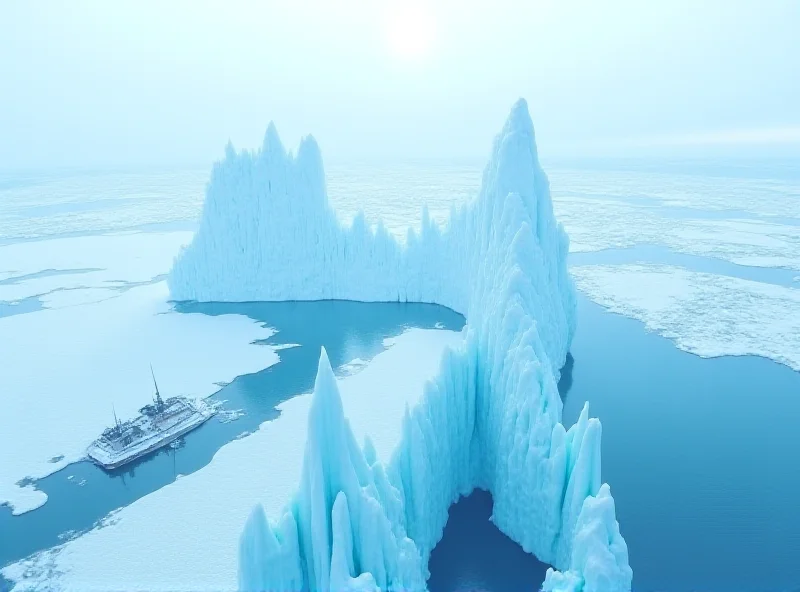 A panoramic view of the Antarctic landscape with icebergs and a research station in the distance.