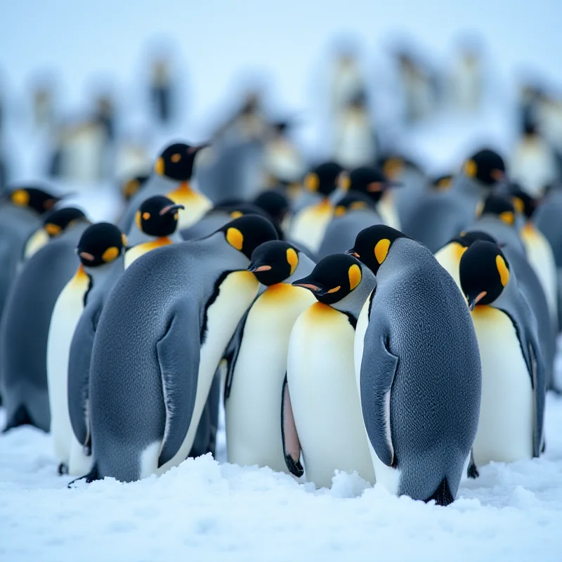 Close up of a group of penguins huddled together on an icy surface in Antarctica.