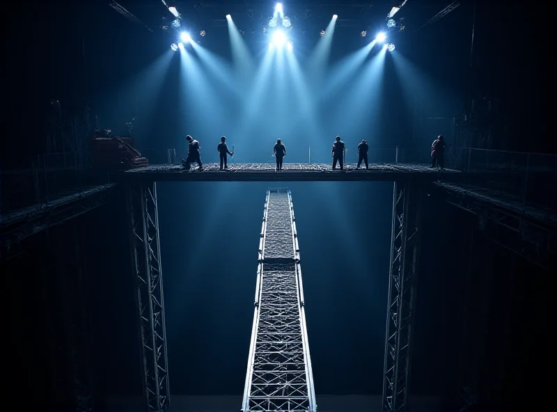 A wide shot of a game show set featuring a long bridge suspended high above the ground. The bridge has sections that appear to be trapdoors.