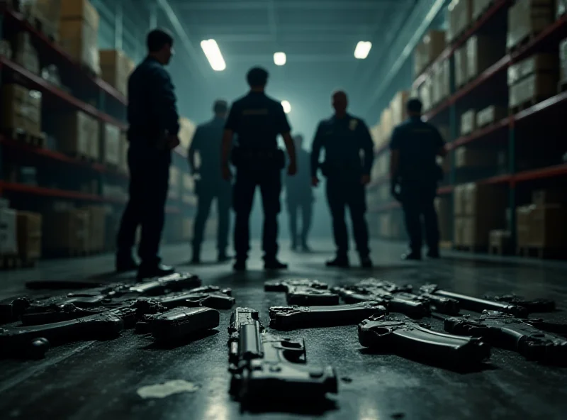 Police officers conducting a search and seizure operation in a warehouse, focusing on confiscated weapons and evidence, with blurred figures in the background.