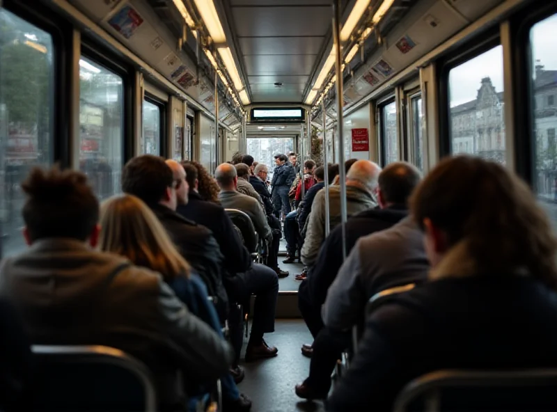 Interior of a busy Antwerp tram with many passengers standing.