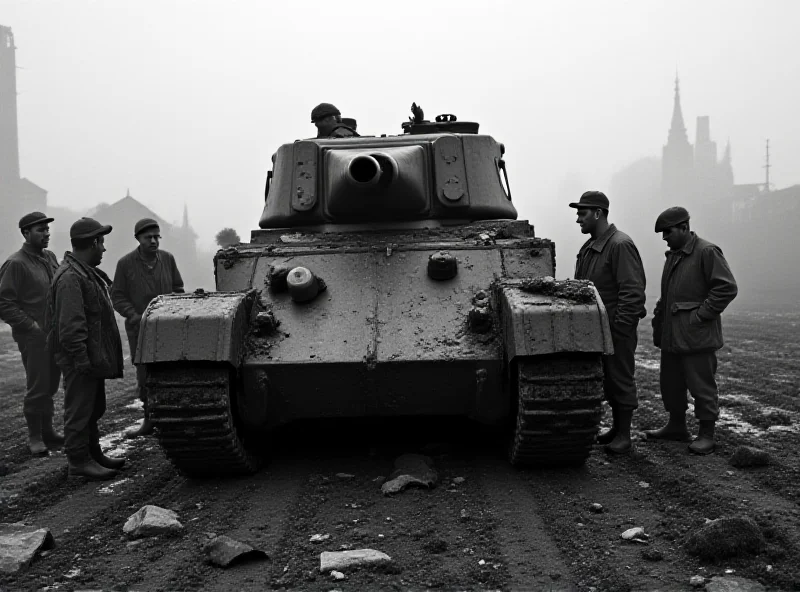 A historical photo of a British soldier standing near a destroyed tank during World War II.