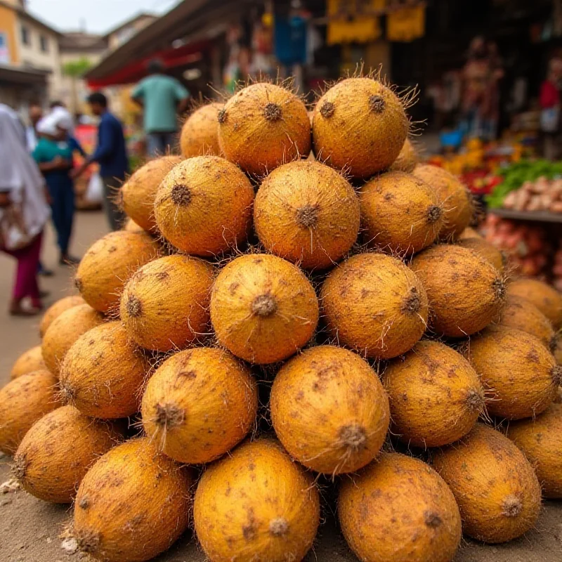 A pile of mature coconuts at a market