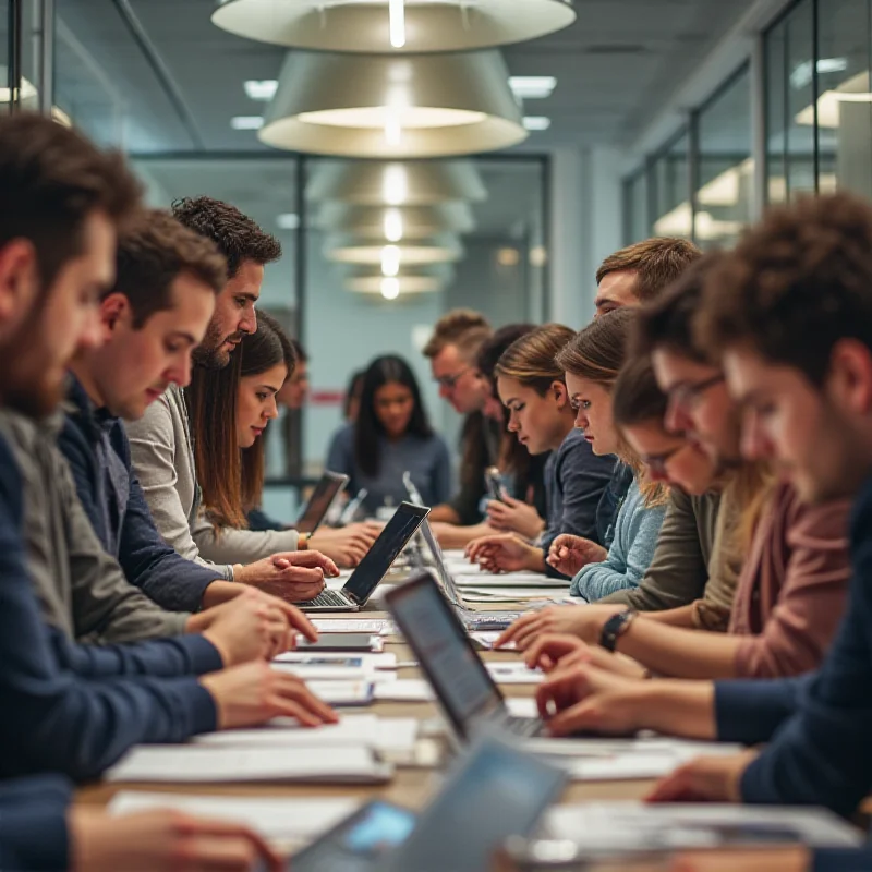 A diverse group of people using various Apple devices (iPads, MacBooks) in a modern, collaborative workspace.